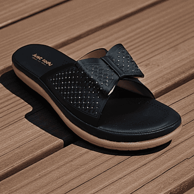 Black Stylish Ladies Slippers with Bow Design | Comfortable Daily Wear