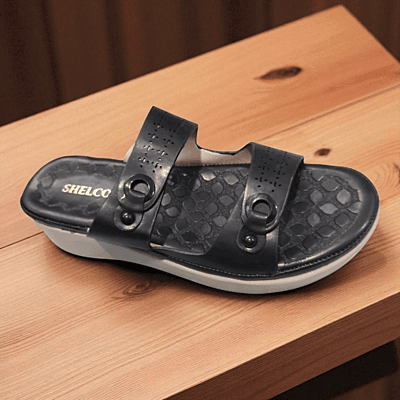 Trendy black double-strap slipper with cushioned sole & modern design, perfect for comfort + style