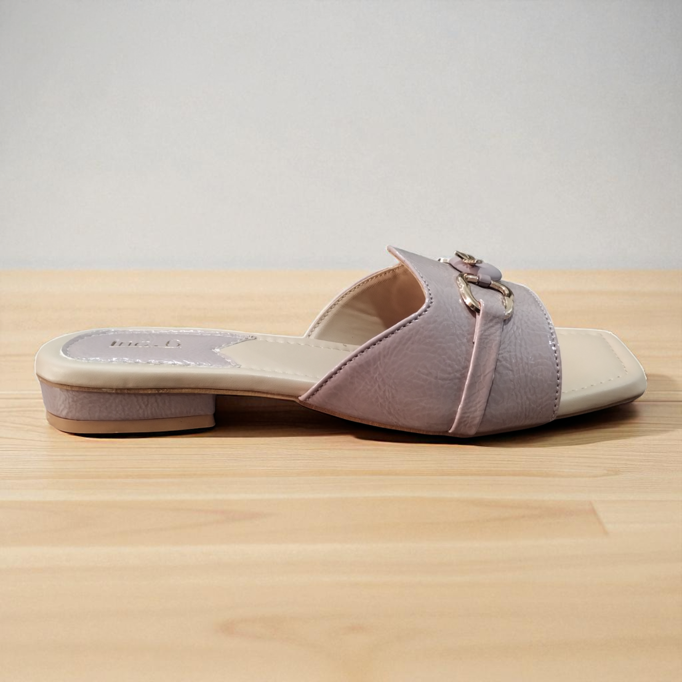 Nude Glossy Buckle Flat Sandals