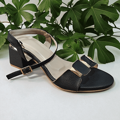Black Block Heel Sandals with Golden Accents